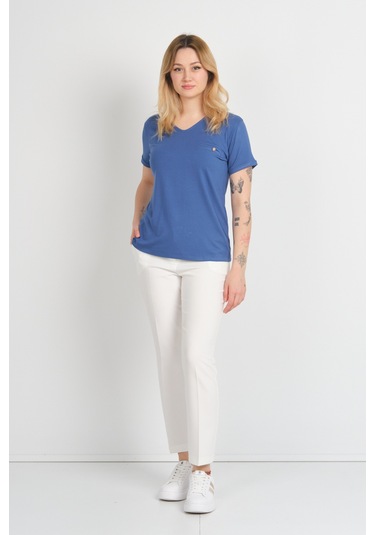 Sistas Kadın Kısa Kollu Süs Cep Detaylı Duble Kol Bluz 4110 Indigo Indigo