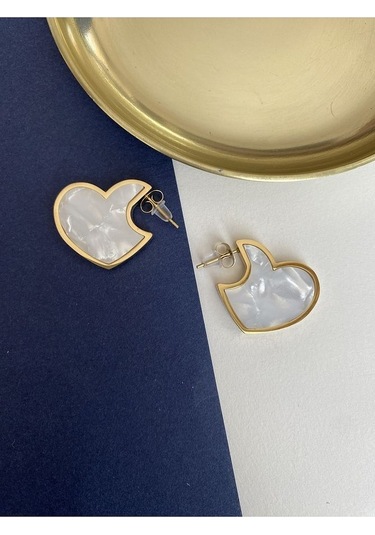 Mineli Kalp Çelik Kararmaz Küpe Çifti Altın