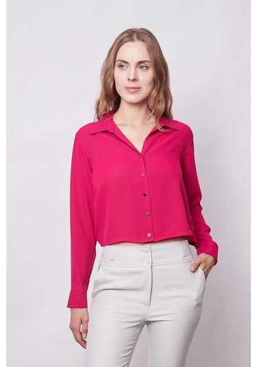 Kadın Likrasız Şık Kumaş Yakalı Uzun Kol Kısa Gömlek-vişne Vişne