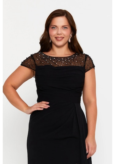 Doridorca Kadın Büyük Beden Taş Süslemeli Derin Yırtmaçlı Maxi Abiye Elbise 7048 Siyah Siyah