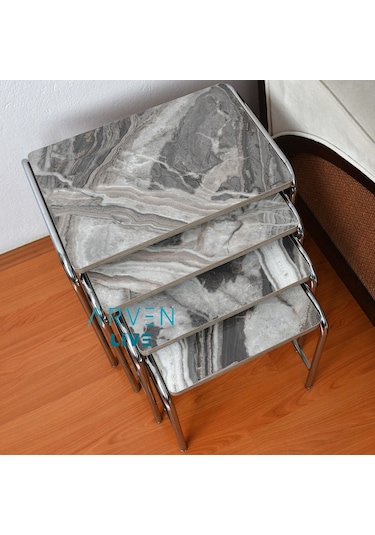 Renk Renk Mermer Desenli Parlak Mikelaj Ayaklı 4'Lü Zigon Sehpa (467864165)