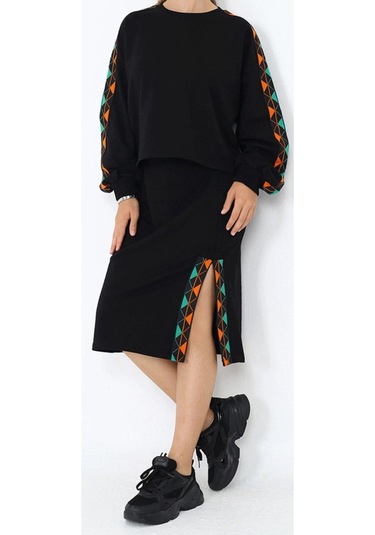 Kız Çocuk Yeşil Turuncu Şeritli Yırtmaç Etekli Sweatshirt Etek İkili Takımı Siyah