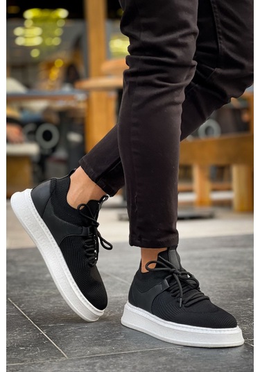 Pabucmarketi Bağcık Detaylı Triko Kumaş Erkek Spor Ayakkabı Siyah Siyah