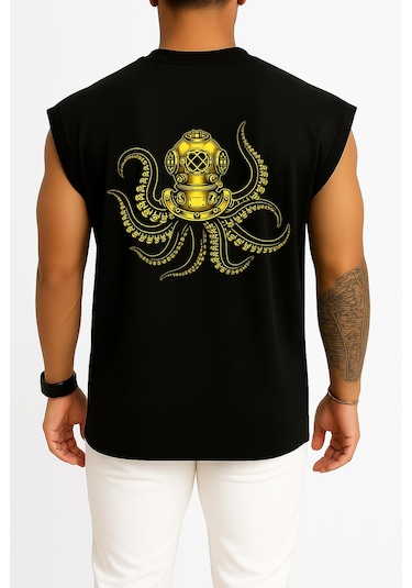 Bahriyeli Collection Oversize Steampunk Octopus Dalgıç Başlığı Göğüs Ve Sırt Baskılı Atlet Siyah