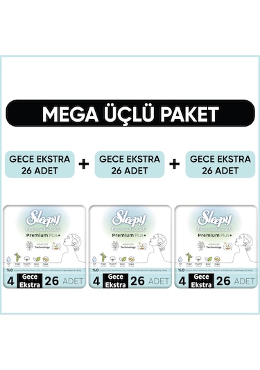 Sleepy Bio Natural Premium Plus Hijyenik Ped Gece Extra 3 x 26'lı