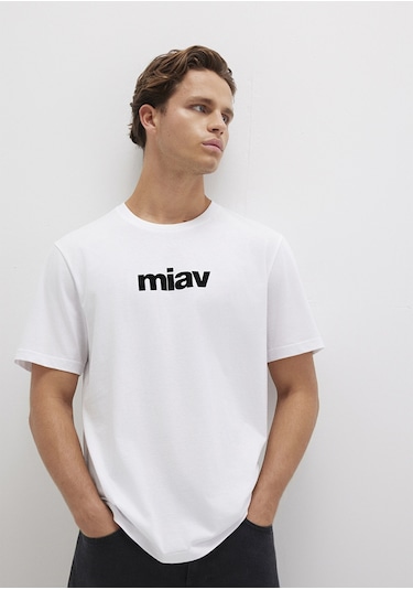 Mavi - Siyah Miav Baskılı Beyaz Tişört 067153-602 Beyaz