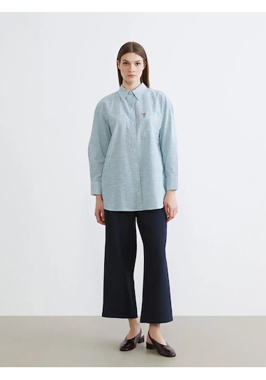 LC Waikiki Yeşil Çizgili Oversize Poplin Kadın Gömlek Tunik Yesil