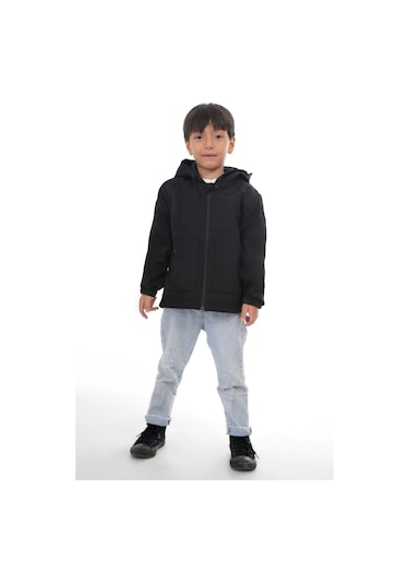 Erkek Çocuk Siyah I Çi Astarlı Su Ve Rüzgar Geçirmez Kapüşonlu Çift Fermuarlı Cepli Mont Siyah