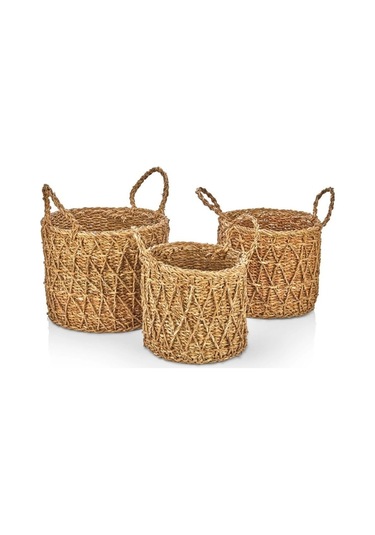 Dekoratif Yuvarlak Çapraz Desenli Sepet Saksılık Sele 3lü Set Cl-9037