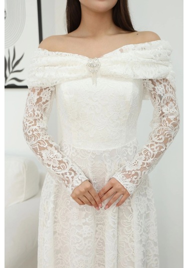 Aşkın Büyüsü Dantel Abiye Elbise 6055-beyaz Beyaz