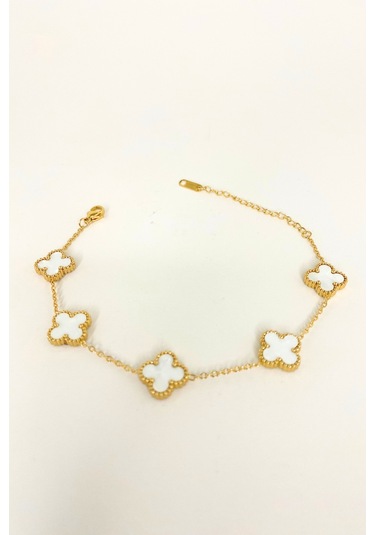 Gold Renkli Mineli Beyaz Yonca Bileklik Altın