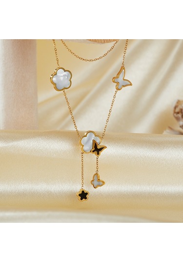 Sones Opk Gx2439 Paslanmaz Çelik Kelebek Çiçek Püskül Kolye Kemik Zincir Altın