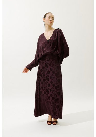 Jakarlı Saten Kimono Bordo Bordo