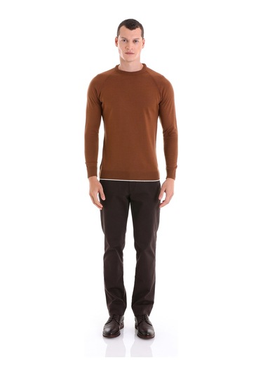 Hatemoğlu Kahverengi Regular Fit Jakarlı Bisiklet Yaka Yünlü Triko Kazak Kahverengi