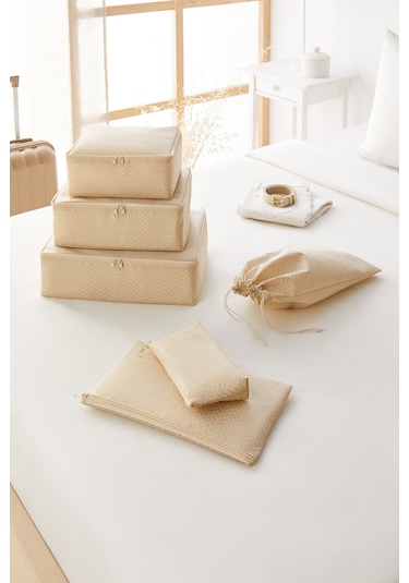 Ocean Home Textile 6'lı Bej Balıksırtı Bavul İçi Düzenleyici Set