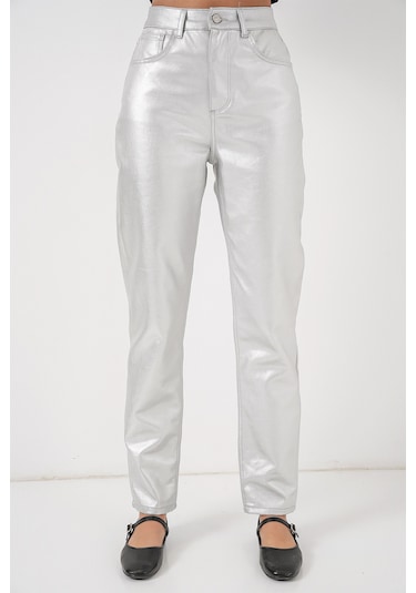 Kadın Yüksek Bel Parlak Pantolon 6738 - Gümüş Gümüş