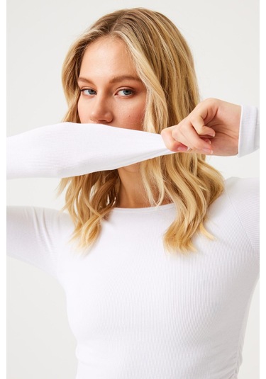 Aura Uzun Kol Büzgülü T-shirt Beyaz Beyaz