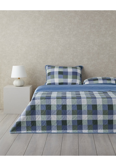Ornate Check Çift Taraflı Kadife Çift Kişilik Yatak Örtüsü Takımı Koyu Mavi Koyu Mavi