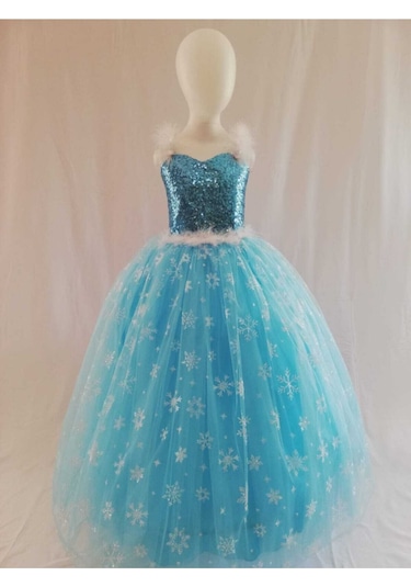Kız Çocuk Mavi Frozen Elsa Kostüm Elbise Mavi