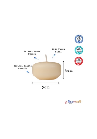 12 Li Çap 5 Cm Krem Yüzen Mum Krem