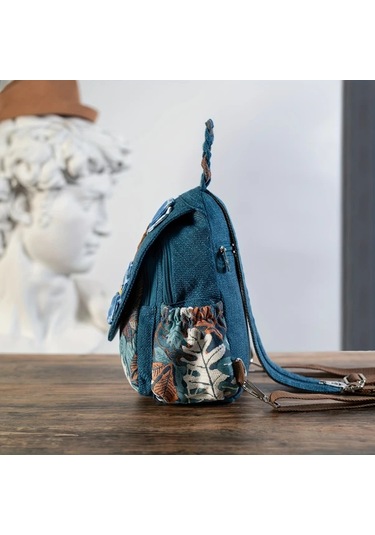 Fochsia Bohemian Mavi Çiçek Desenli Crossbody Sırt Çantası Ayarlanabilir Askı Çok Bölmeli Mavi