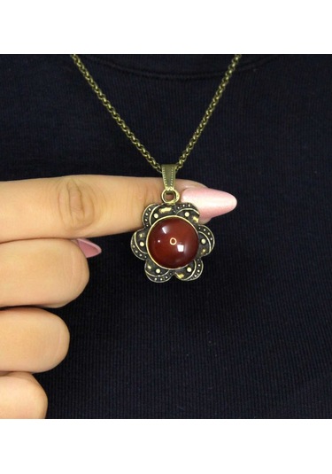 Doğal Taş Akik Doğal Taşlı Kadın Doğal Taş Otantik Kolye Euk18a Kırmızı