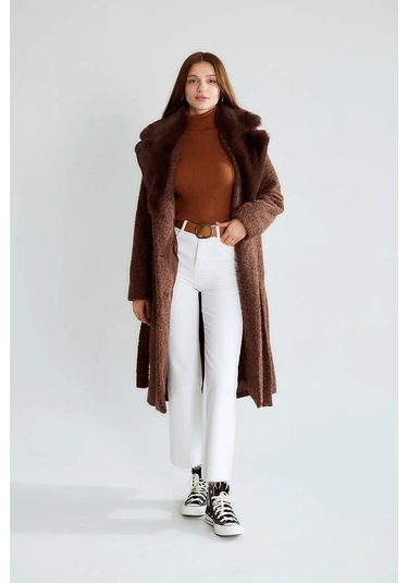 Kadın Kahverengi Bukle Kumaş Uzun Kaban Büyük Yakalı Kışlık Palto Teddy Kaban Kahve