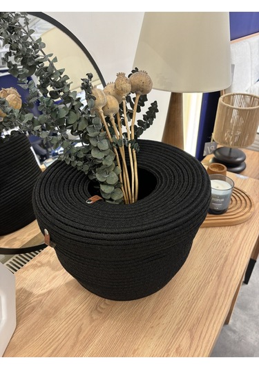 Patrick Jüt Hasır Görünümlü Çöp Kovası, Dekoratif Sepet, Kağıt Çöpü Sepeti Siyah