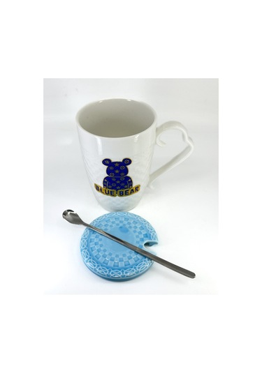 Porselen Kapaklı Mavi Ayıcık Desenli Porselen Kupa Bardak Beyaz