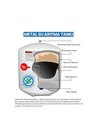 Su Arıtma Tankı – 12 Lt (3,2 Galon) Paslanmaz Metal + Vanalı ve Ayak