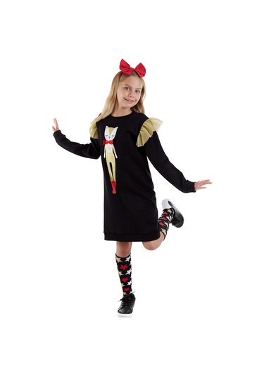 Denokids Simli Kedi Kız Çocuk Siyah Elbise Renkli