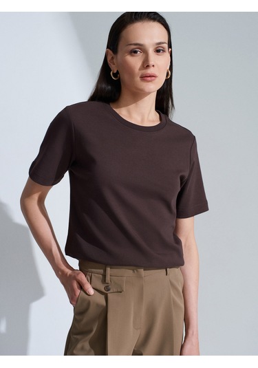 Dilvin 31763 %100 Pamuk Bisiklet Yaka T-shirt-koyu Kahve Kahverengi