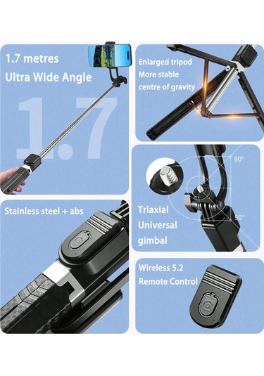 170 Cm Selfie Çubuğu Tripod Kablosuz Uzaktan Kumandalı Geri Çekilebilir Black