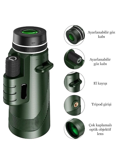 80x100 Hd Zoom Tek Göz Monoküler Teleskop Taşınabilir Dürbün Yeşil