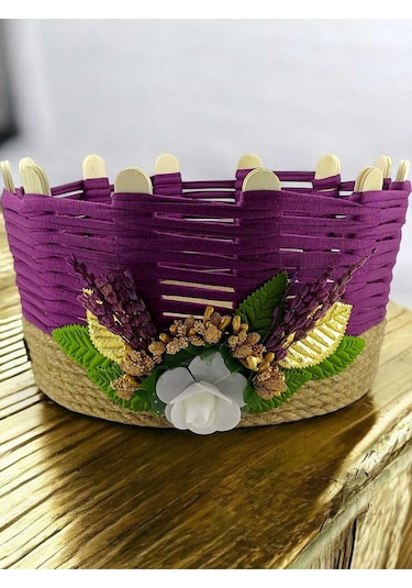 Çok Amaçlı Sepet Hasır El Yapımı Organizer Takı Kutusu Komodin Makyaj Banyo Mor