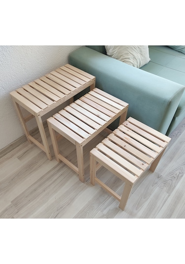 Zigon Sehpa Doğal Ahşap 3 Lü Sehpa Seti