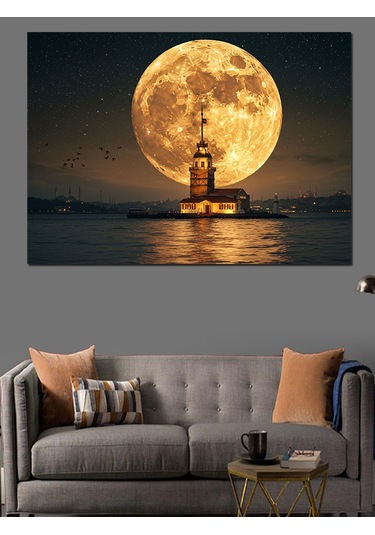 Dolunayda Kız Kulesi Manzarası Dekoratif Kanvas - Mdf Ahşap Tablo