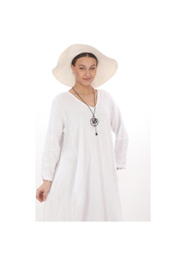 İtalyan V Yaka Uzun Kol Keten Elbise-8907 Beyaz