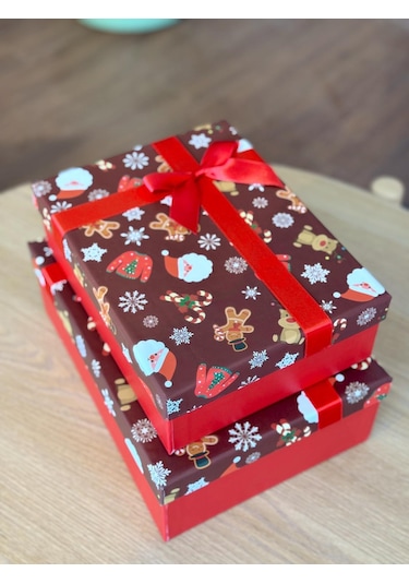 Yılbaşı Temalı 3 Lü Dekoratif Fiyonklu Hediye Kutusu Kahverengi Orta-büyük Boy 35x25x13 Cm