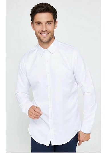 Yxc Trend Maker Slim Fit Uzun Kollu Kolay Ütü Teri Emen Nefes Alan Doku Kravatlık Dört Mevsim Erkek Gömlek Beyaz