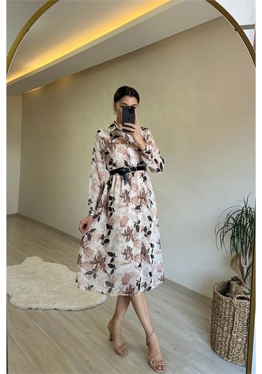 Neşeli Butik Kadın Desenli Gömlek Yaka Midi Elbise Nm011 Bej
