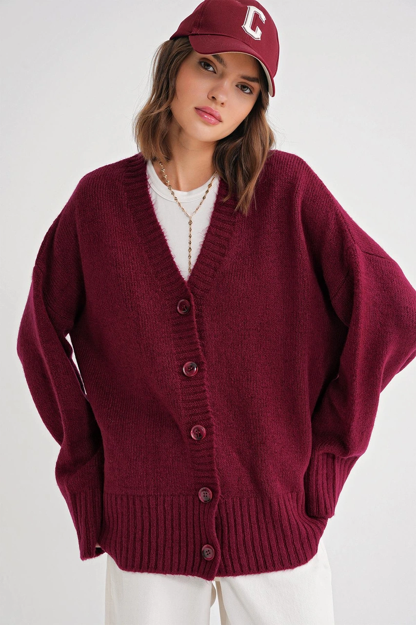 Mixray 6927 Kadın Yumuşak Dokulu Salaş Basic Triko Hırka Bordo