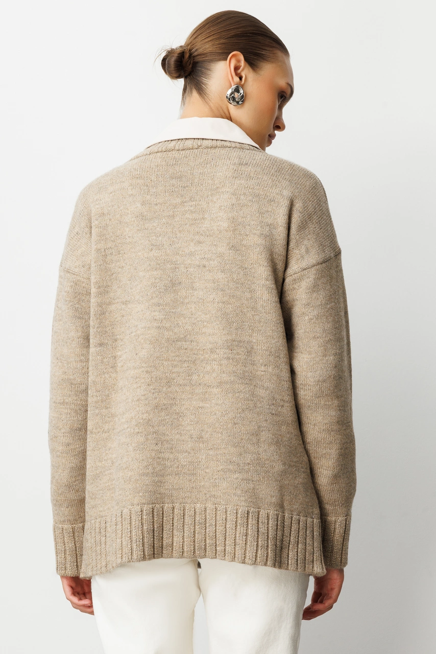 Mizalle V Yaka Oversize Bej Rengi Triko Kazak Bej