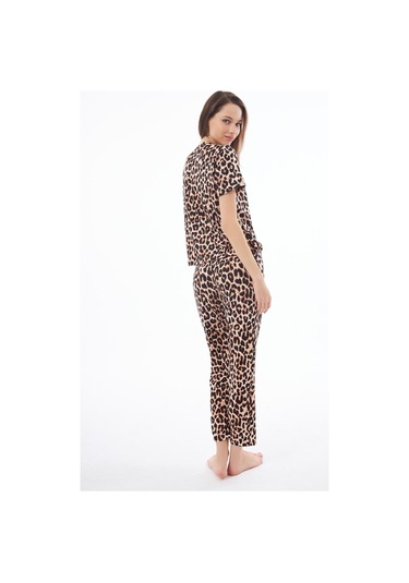 Premium Kadın Pijama Takımı Leopar Desenli Yumuşak Dokulu Kısa Kollu Bisiklet Yaka LEOPAR