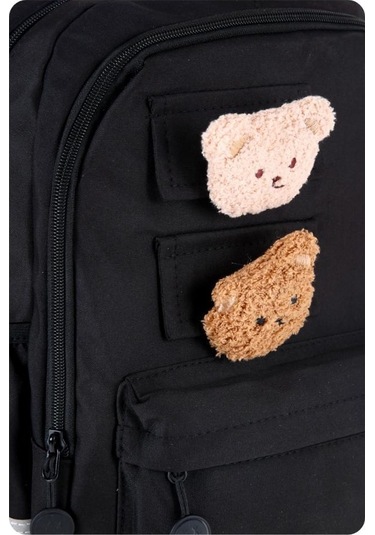 Young İki Ayıcık Maskotlu Siyah Okul Çantası Sırt Çantası Spor Çantası 51666 Desenli