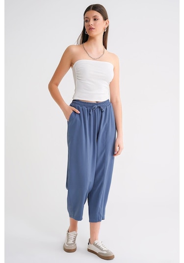4307 Kadın Beli Lastikli Parçalı Şalvar Pantolon İndigo Indigo