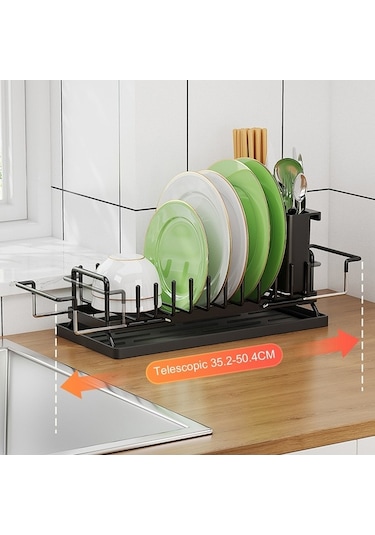 Pazly Genişletilebilir Metal Bulaşık Kurutma Raftı, Mutfak Tezgahı İçin Drenaj Tahtası, Pas Dayanıklı, Çok Renkli, 16.6x9.8x35.2-50.4cm Çok Renkli