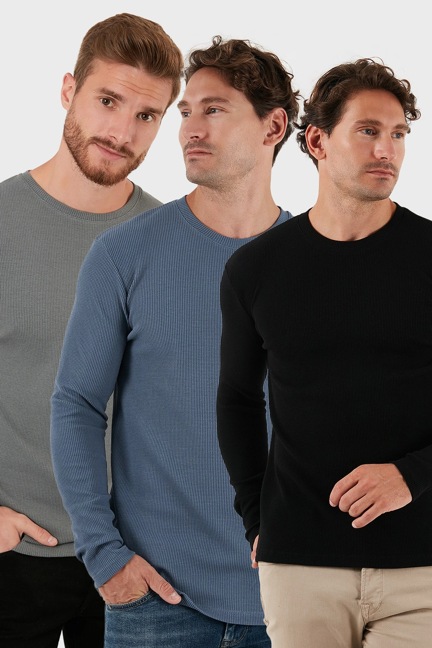 Buratti Pamuklu Bisklet Yaka Slim Fit Basic 3'Lü Paket Erkek Sweat 5905073S3 Açık Haki-Koyu Gri-Siyah