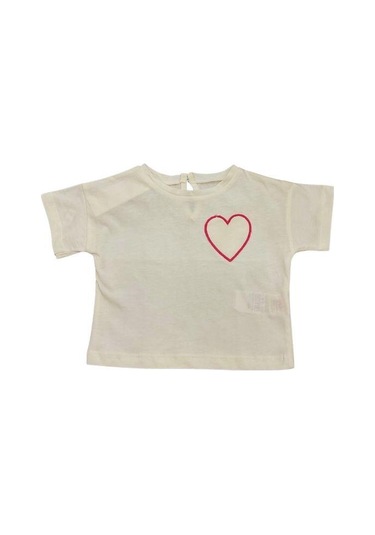 Kız Bebek Kalpli T-shirt Keten Şortlu Takım-13875 Bej