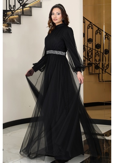 Alia Şık Taş Detaylı Büyük Beden Tesettür Abiye - Alya Siyah